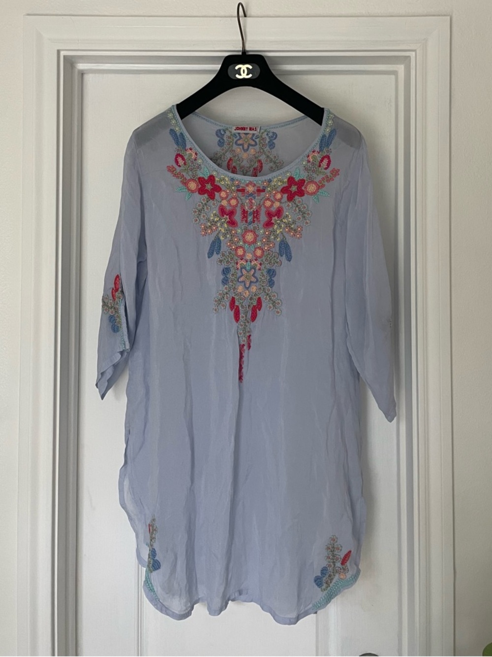 Johnny Was Periwinkle Lilac Light Blue Embroidered Tunic Top Blouse L - Picture 2 of 11